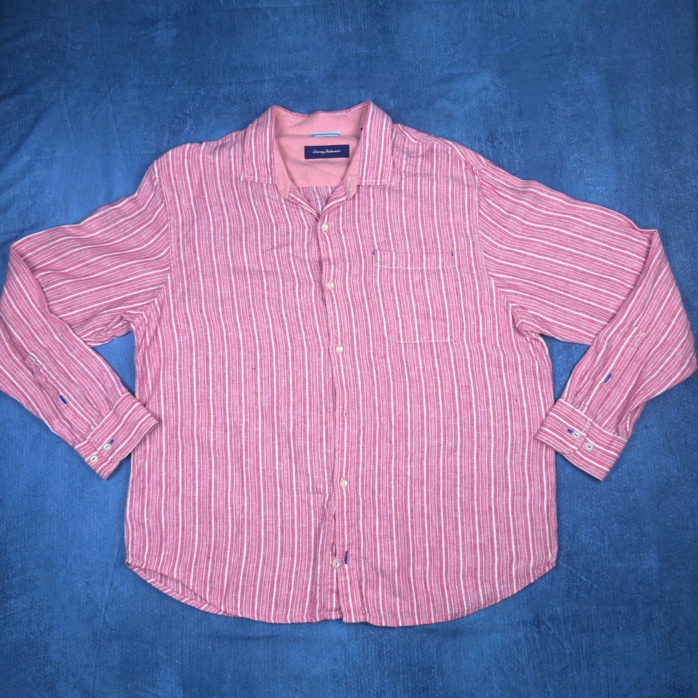 Tommy Bahama Mens XL Red White Striped 100% Linen Long Sleeve Button Down Shirt